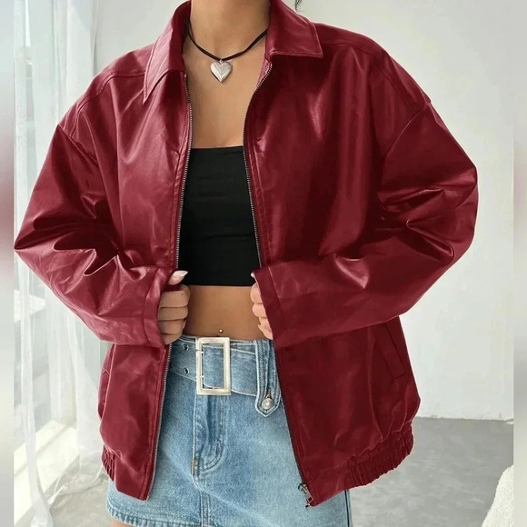 Casual Off-Shoulder Zipped PU Leather Coat - Picture 1 of 4